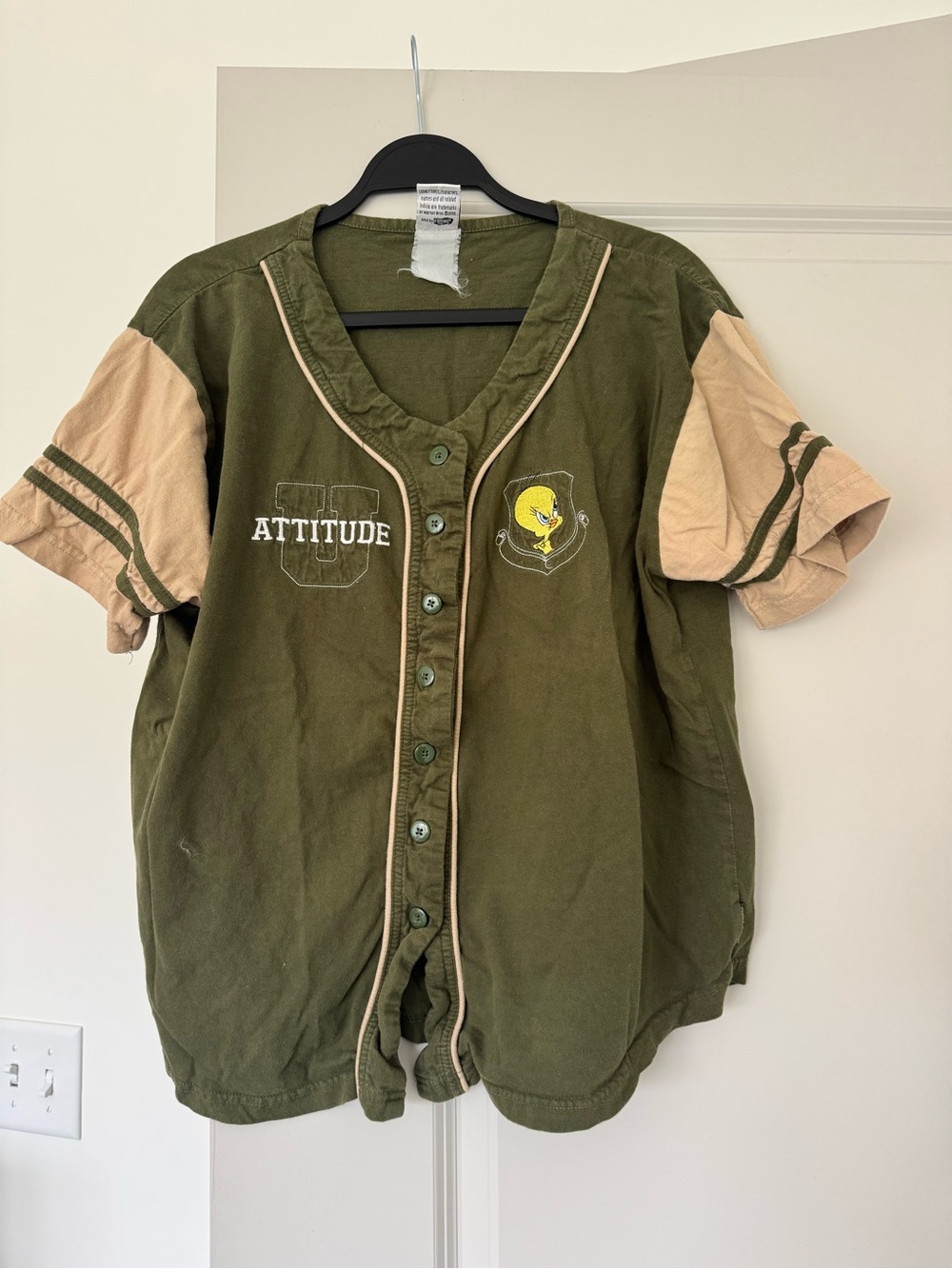Warner Bros. Tweety Olive Green & Tan Baseball Jersey Top
